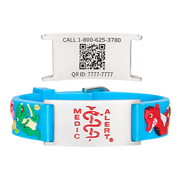 QR Code Child Titanium Medical ID Bracelet Blue Dino, Blue Dino, large image number 0